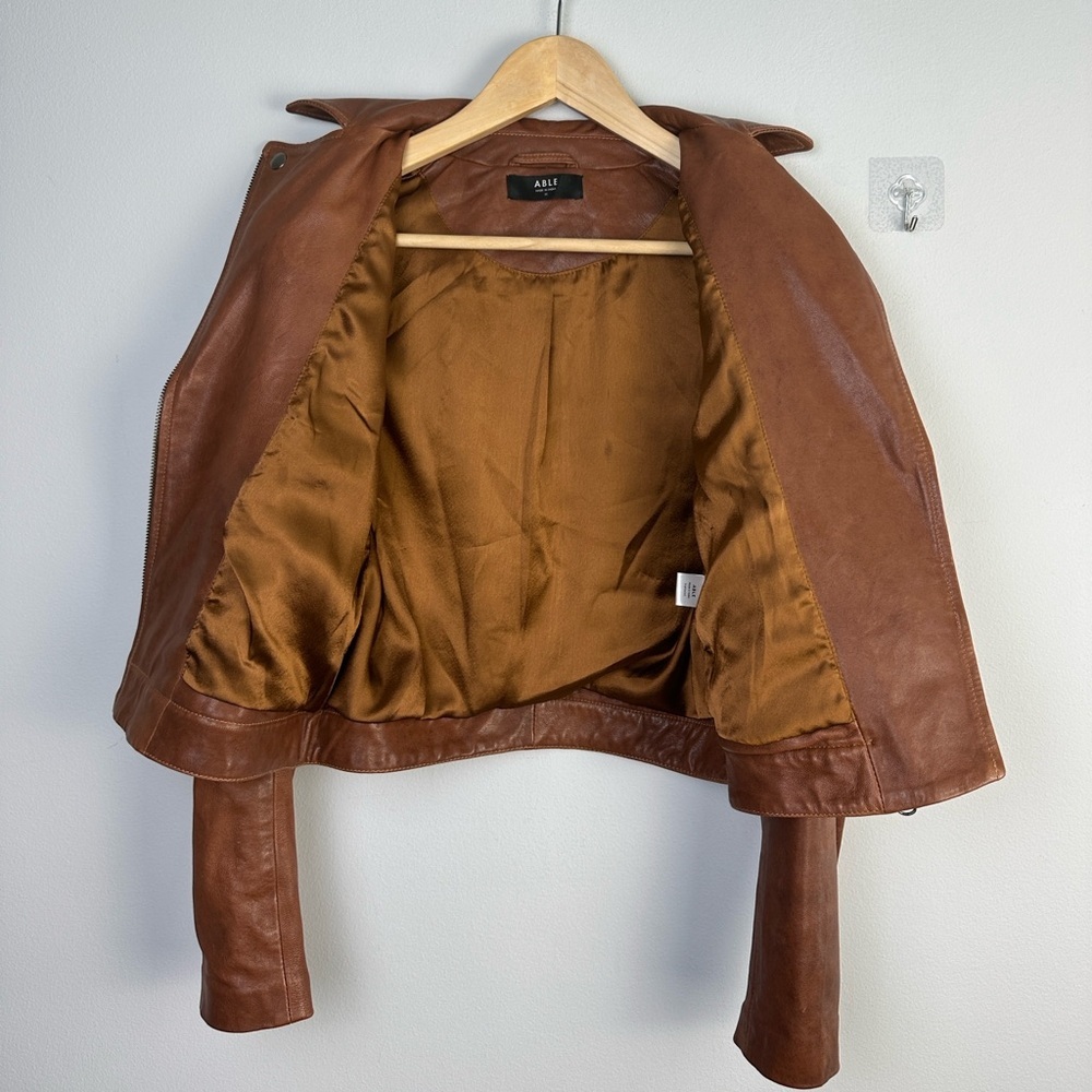 ABLE Maha Soft Lamb Leather Jacket XS in Whiskey Brown Cropped Moto Zipper Cuffs - Picture 9 of 16